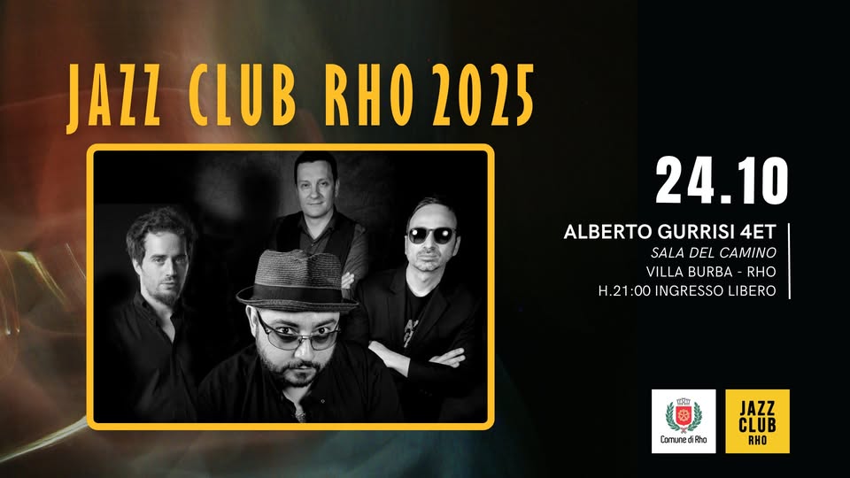 Jazz club Rho 2025 riquadro in giallo con  Gianni Virone, Gianni Denitto, Alberto Gurrisi e Ruben Bellavia
24.10 Alberto Gurrisi 4ET Sala del Camino Villa Burba - Rho h 21.00 Ingresso Libero. Due loghi: Comune di Rho e Jazz club Rho
Ruben Bellavia – batteria
