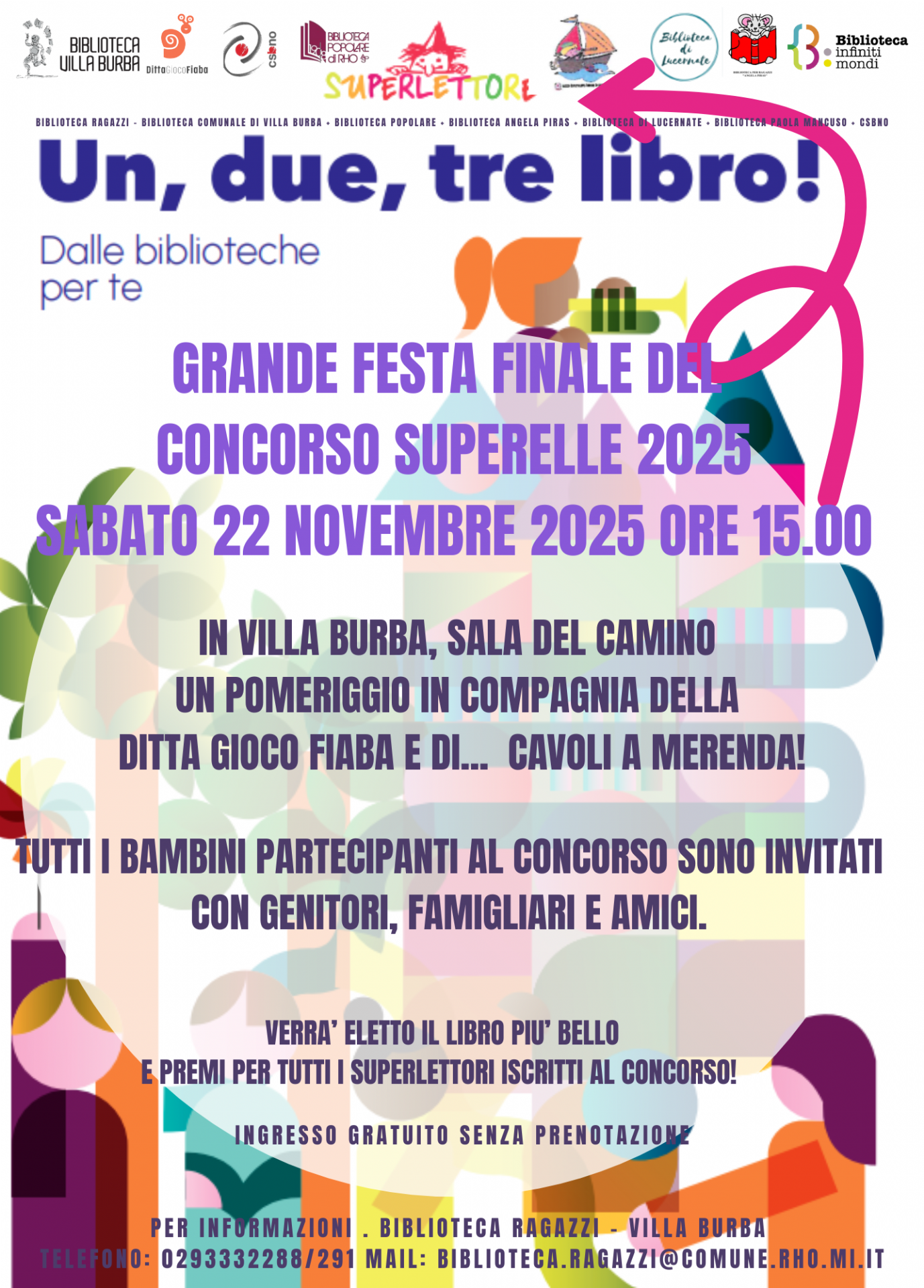 locandina  un due tre libro  molto colorata con sagome di bambini 