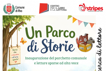 Locandina dell'evento di martedì 26 maggio “Un parco di storie". Dalle ore 16.00 verrà inaugurato il nuovo assetto del parco di via Aldo Moro oggetto di recenti lavori di riqualificazione. Un pomeriggio dedicato all'incontro, alla lettura e alla condivisione. 
