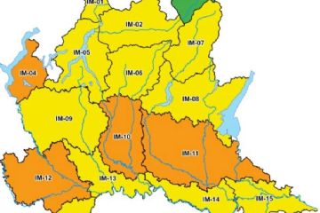 cartina Lombardia  di segnalazione aree gialle arancioni e verdi per allerta meteo
