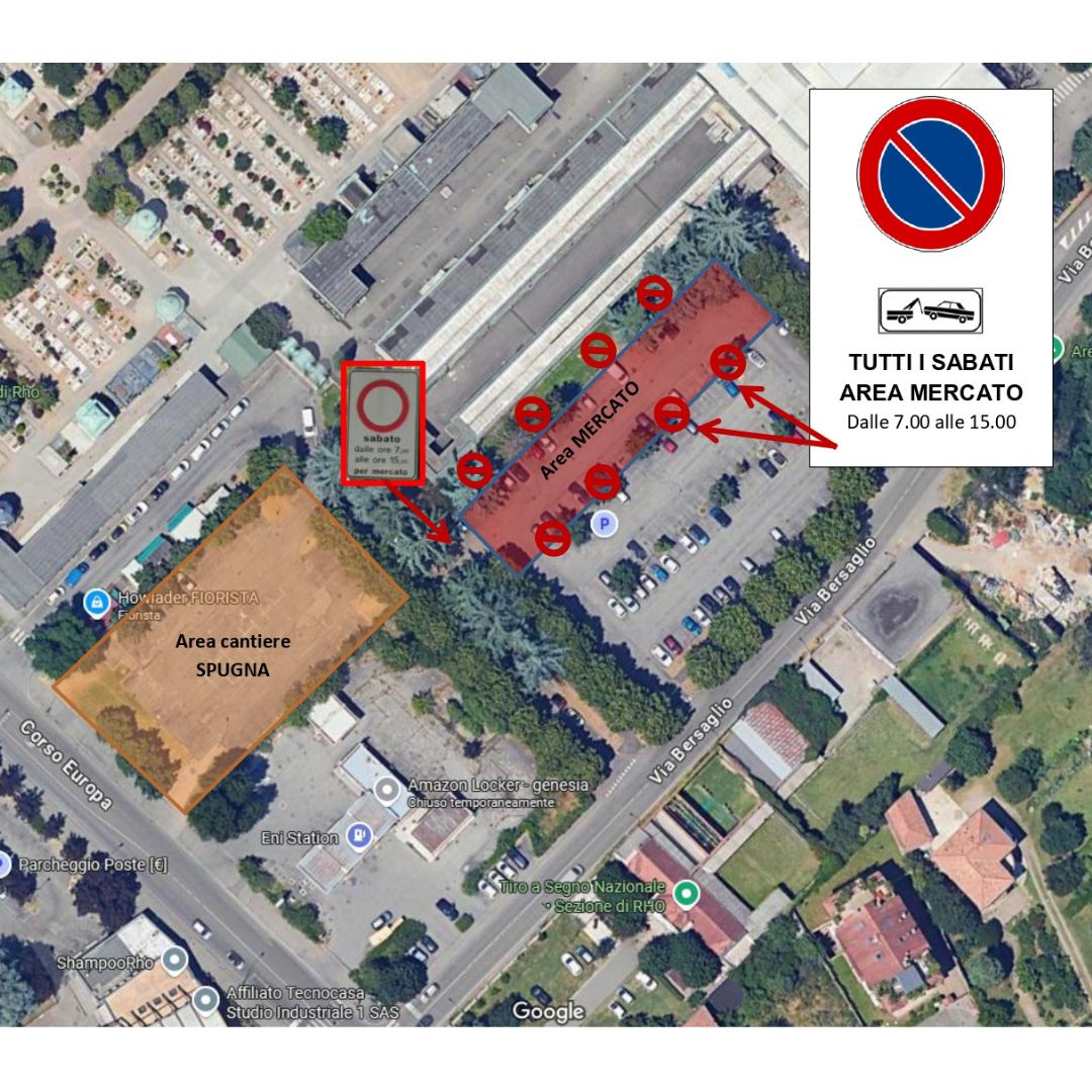 Mappa relativa alle modifiche alla circolazione legate allo spostamento nell'area parcheggio di via Bersaglio angolo via Serra a Rho del mercato del sabato mattina dell'associazione Coldiretti