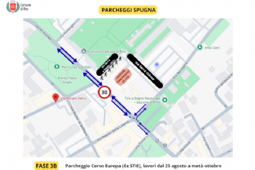 Mappa viabilità dal 25 agosto 2025 nella zona del parcheggio ex Stie zona cimitero durante i lavori della fase 3B relativa ai parcheggi Spugna.