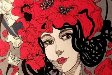 locandina della mostra con un ritratto di donna tra i fiori