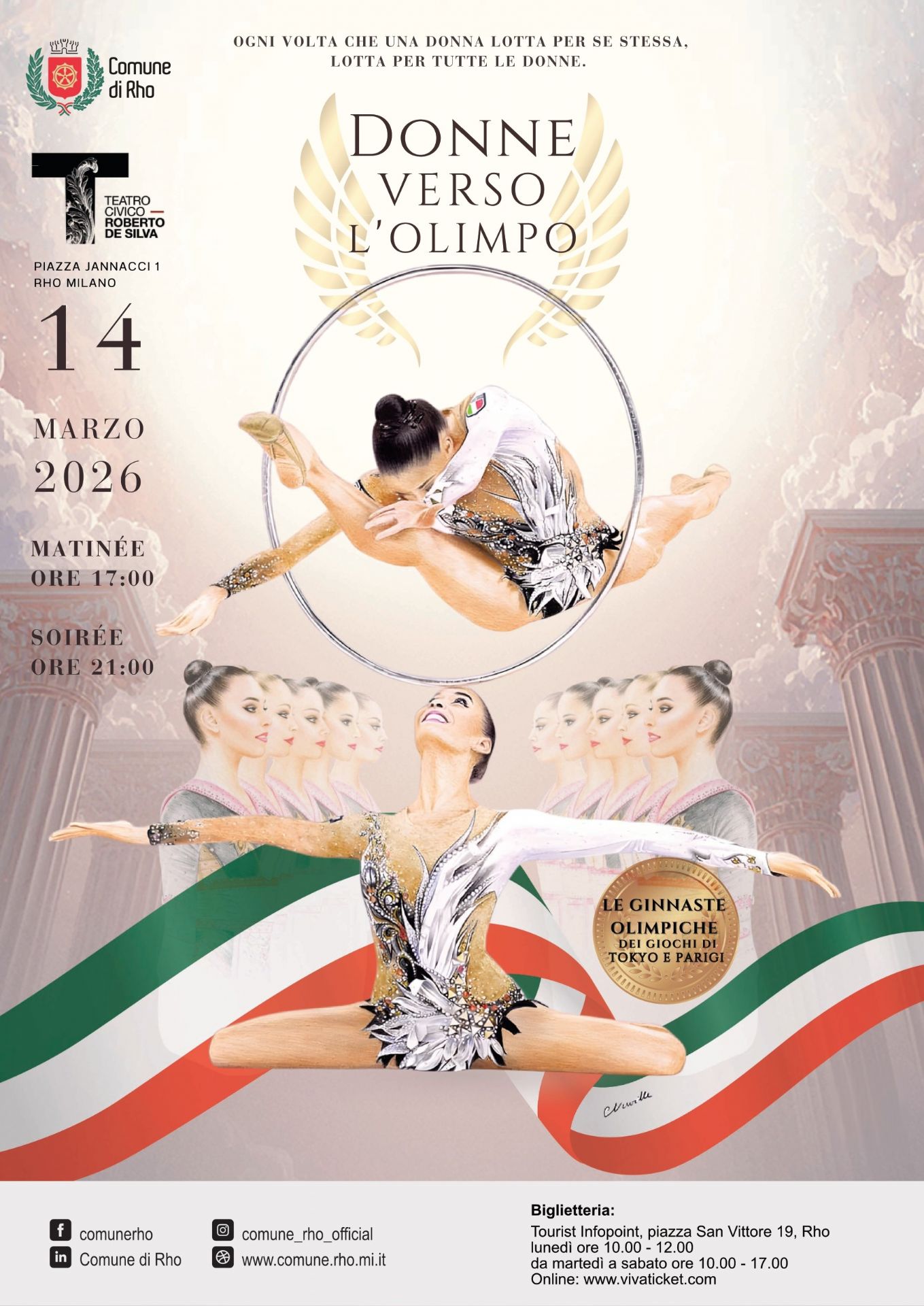 locandina Donne verso l'Olimpo - ballerine con cerchio. ali dorate sopra il cerchio  e striscia tricolore in fondo alla locandina