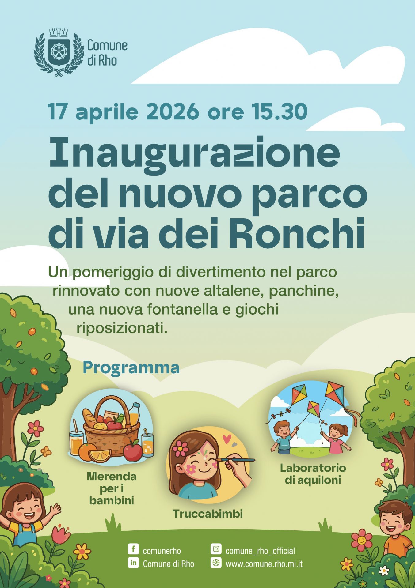 locandina Parco Ronchi alberelli bambini fiori cesto da merenda trucca bimbi e aquiloni