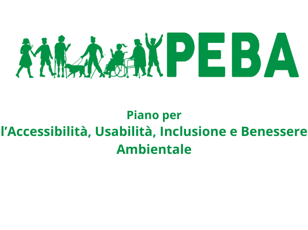 Grafica con persone, un cane che accompagna una persona non vedente, una persona in sedie a rotelle, una persona con un deambulatore e una scritta: PEBA-Piano per l'accessibilità, usabilità, inclusione e Benessere Ambientale