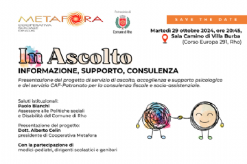 Locandina evento del 29 ottobre 2024 “In Ascolto: informazione, supporto, consulenza” in Sala Camino di Villa Burba, alle ore 20.45. Ingresso libero.