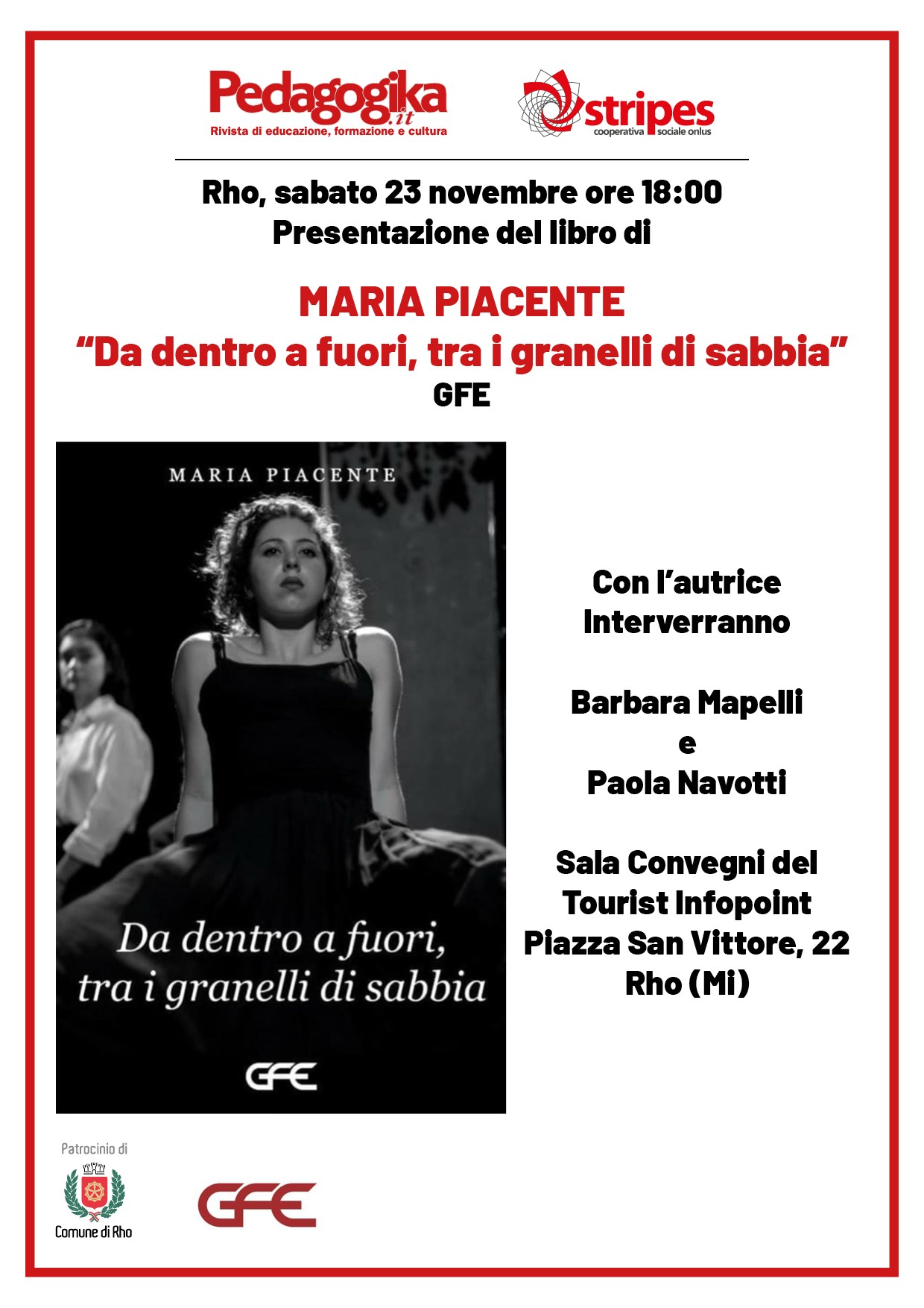 locandina presentazione del libro Maria Piacente Da dentro a fuori, tra i granelli di sabbia