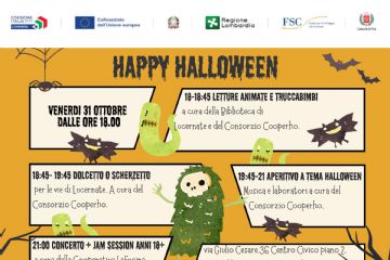 Titolo Happy halloween fantasmino verde e pipistrelli .Programma scritto in riquadri bianchi

