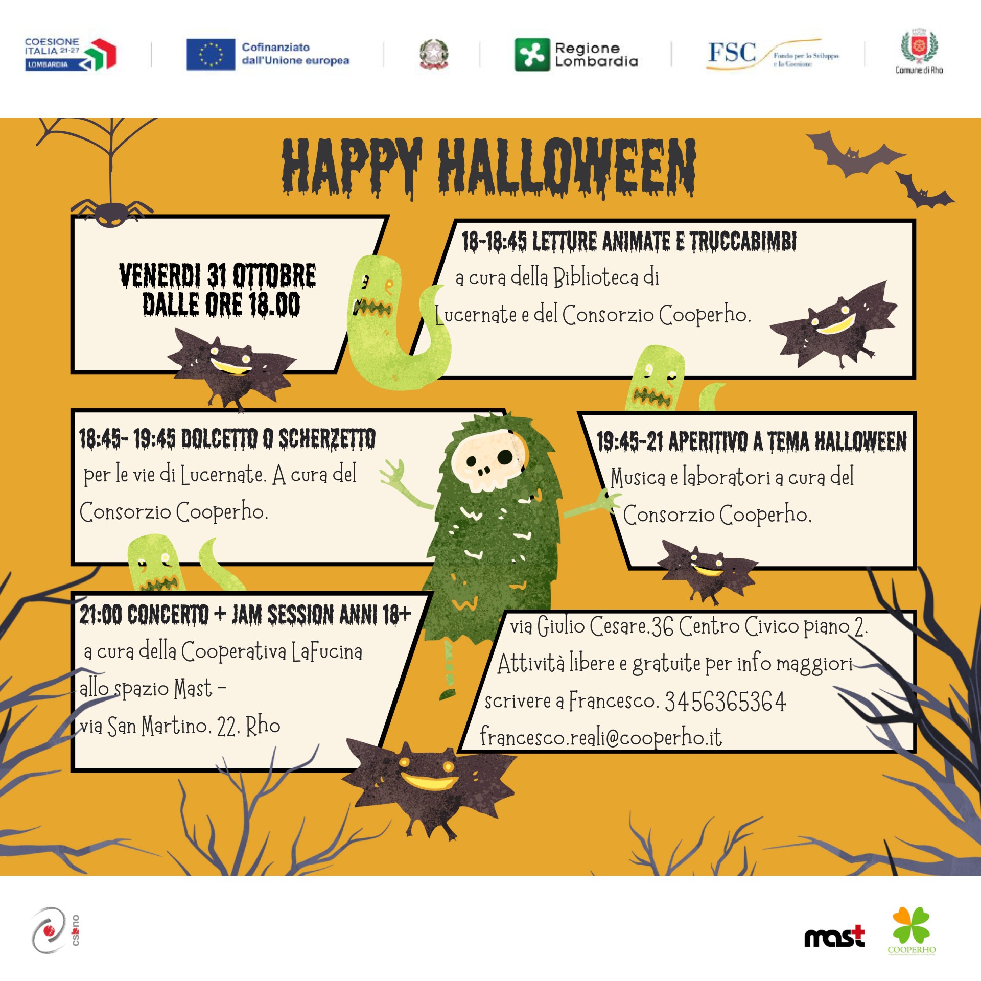 Titolo Happy halloween fantasmino verde e pipistrelli .Programma scritto in riquadri bianchi

