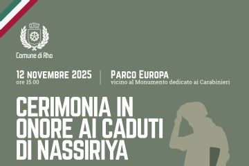 Locandina per la cerimonia in onore ai Caduti di Nassiriya - Giornata del Ricordo dei Caduti Militari e Civili nelle Missioni Internazionali per la Pace che si svolgerà mercoledì 12 novembre 2025 alle ore 15.00 al Parco Europa, vicino al Monumento al Carabiniere.
