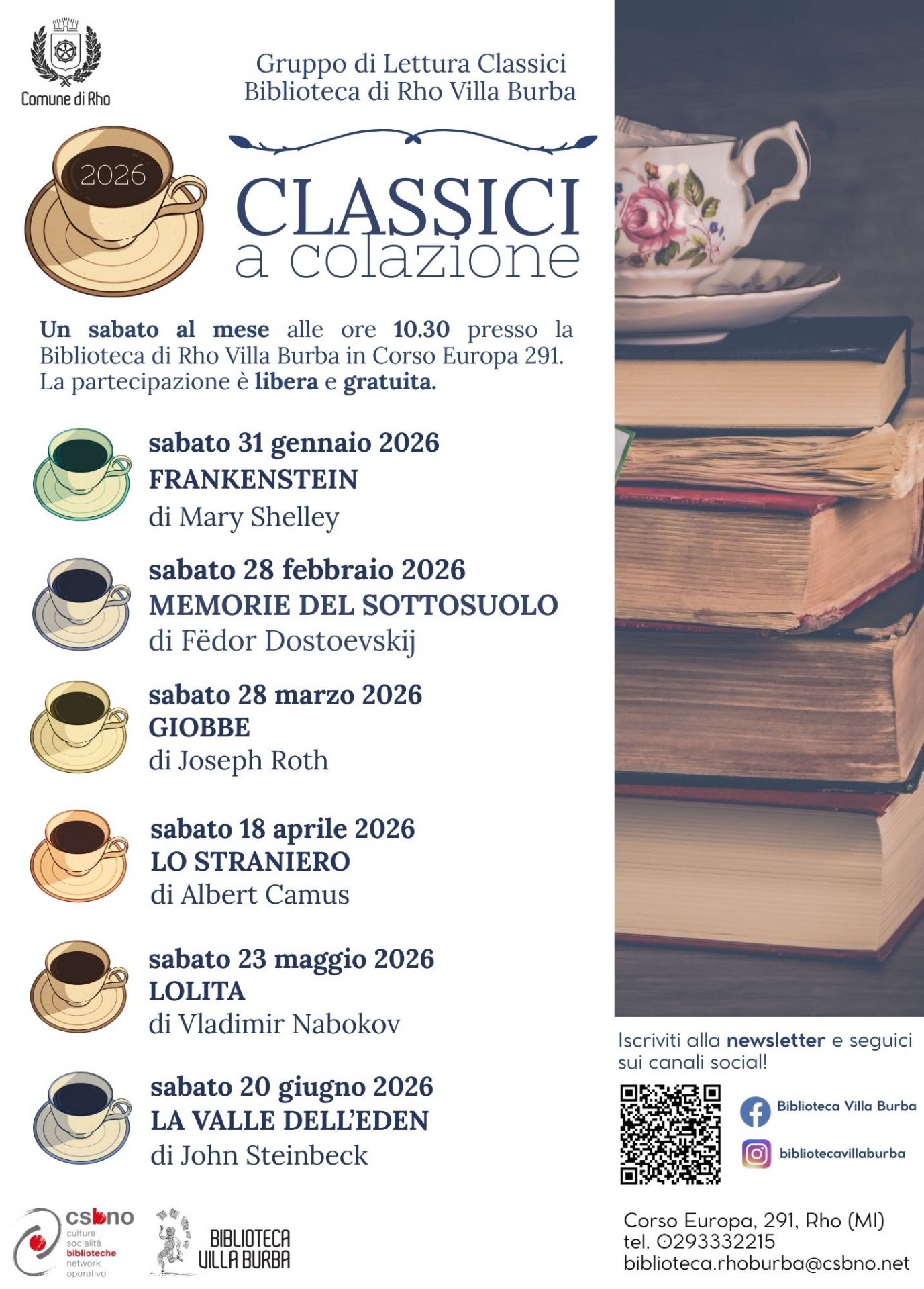 locandina con elenco titoli dei libri accanto una tazzina del caffè disegnata e un elemento in verticale con immagine di pila di libri, sopra una tazzina da caffè  in ceramica con dipinta una rosa