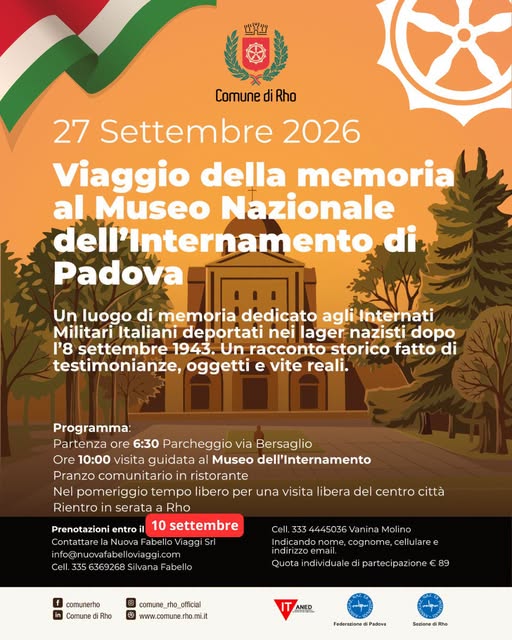 Locandina per il Viaggio della memoria al Museo Nazionale dell’Internamento di Padova in programma il 27 settembre 2026. Posticipata al 10 settembre la possibilità di iscriversi.