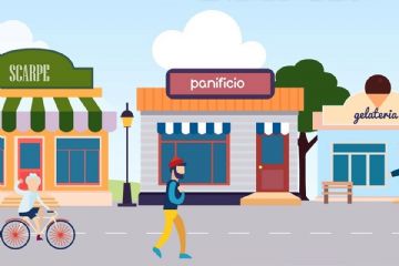 grafica disegnata che rappresenta una strada con alcuni negozi, un negozio di scarpe, un panificio, una gelateria e due persone che passeggiano, una in bicicletta, un'altra a piedi