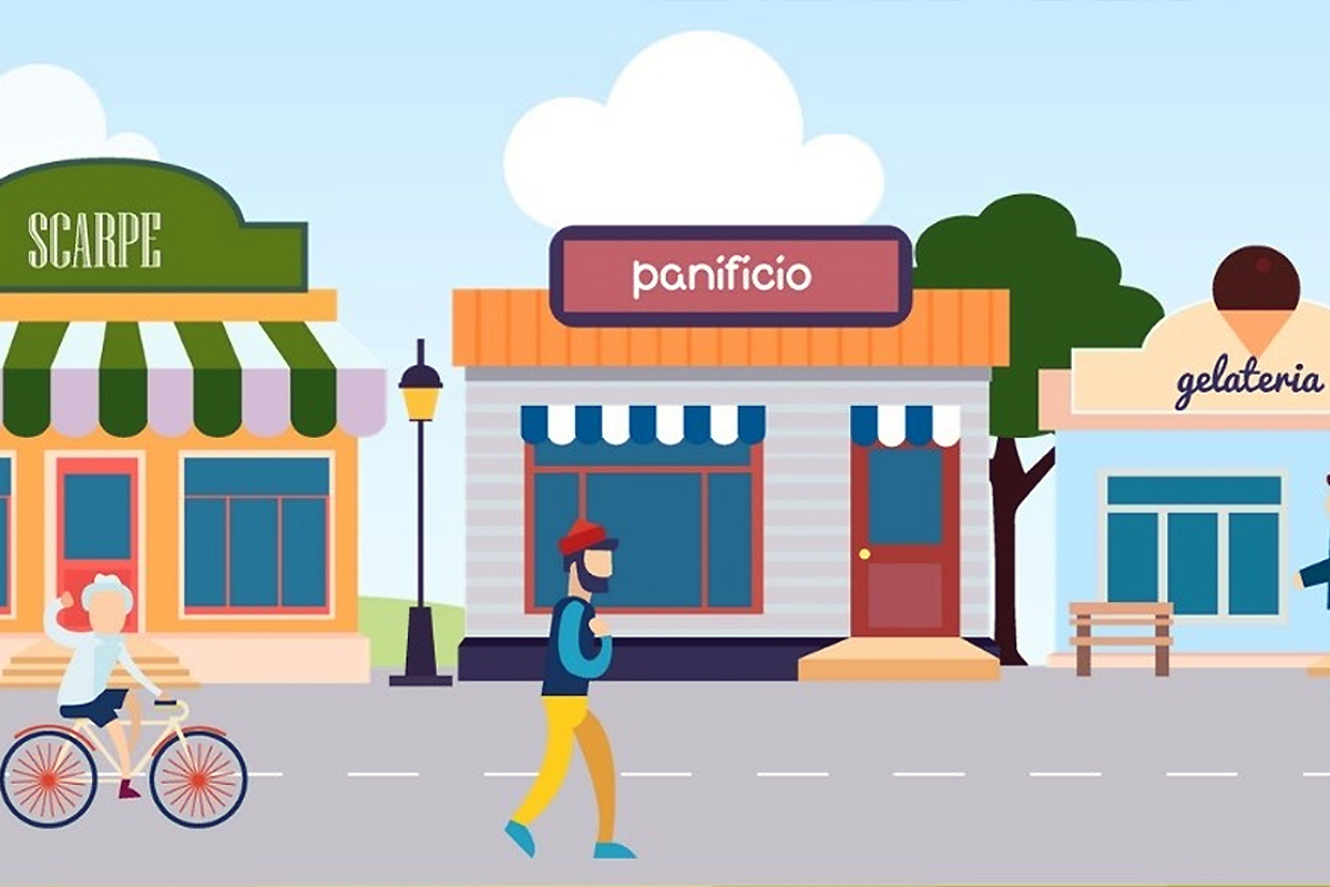 grafica disegnata che rappresenta una strada con alcuni negozi, un negozio di scarpe, un panificio, una gelateria e due persone che passeggiano, una in bicicletta, un'altra a piedi