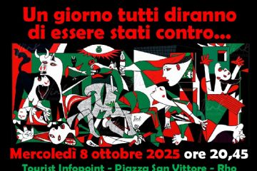 Locandina Un Giorni tutti diranno di essere stati contro rappresentazione di Guernica(Picasso) colorata in alcune parto di rosso e di verde