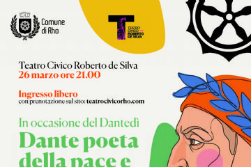 Dante Poeta della pace e dell'amore in un cerchio foto del professore Gianni Vacchelli a fianco profilo Dante Alighieri colorato 