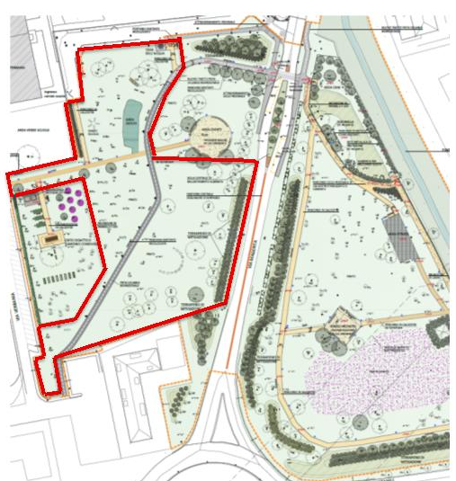 cartina del Parco: aree a verdi attrezzate che si trovano tra via Verbania e via Magenta sono nuovamente aperte al pubblico (nella mappa delimitate dalla linea rossa).